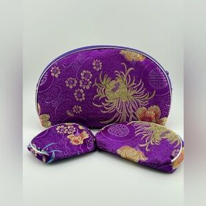 Purple Brocade 3pc Cosmetic Bag Set Zip Makeup Pouches Travel Organizer Floral
